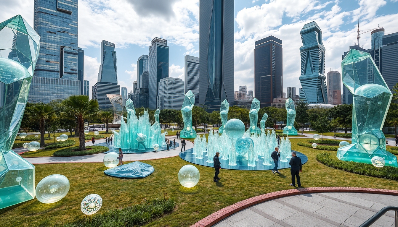 A futuristic city park with glass sculptures and interactive installations.