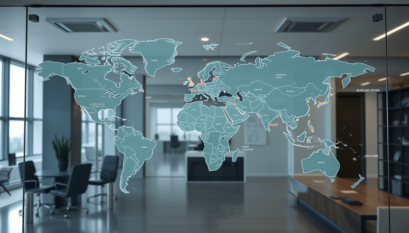 A detailed glass map of the world in a high-end office, highlighting various locations. - Image