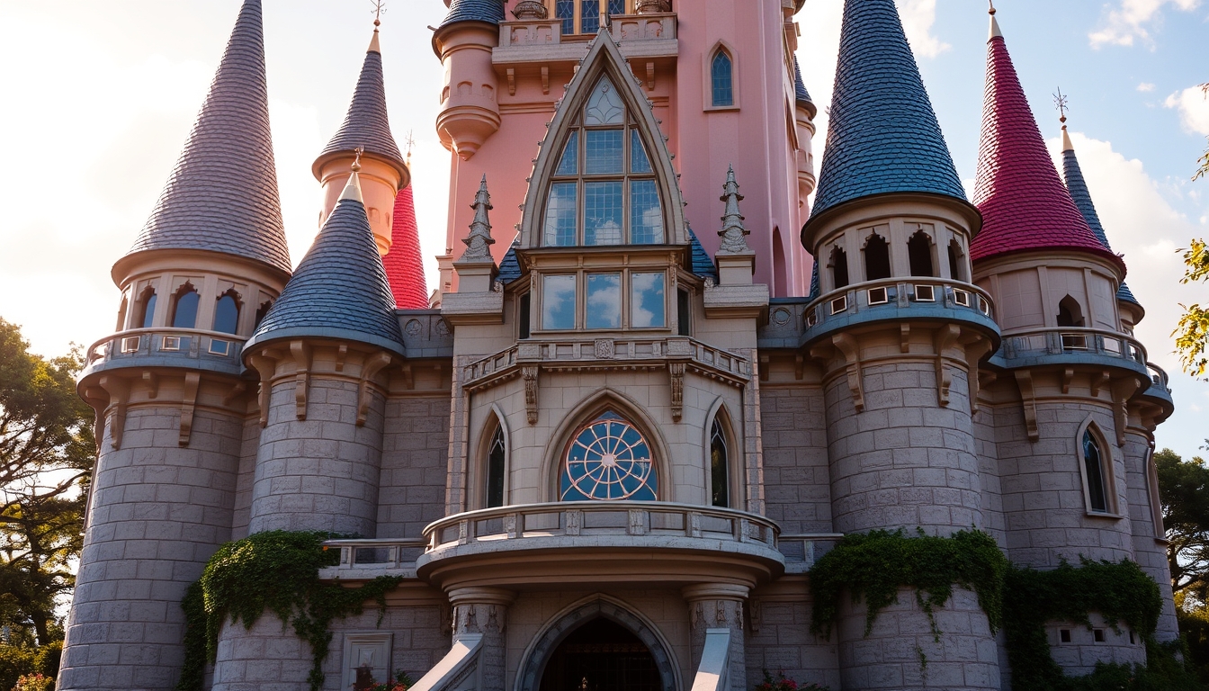 A whimsical fairy tale castle with glass turrets sparkling in the sunlight. - Image