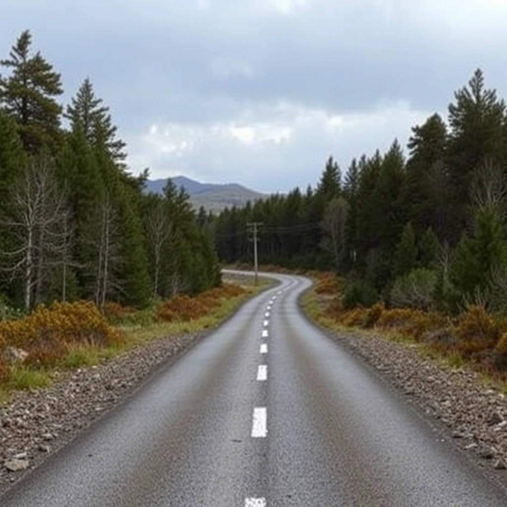 A road in the wilderness, a road that starts at the bottom of the screen and splits into two paths (crossroad) in the middle of the screen, at the crossroad there is a milestone.