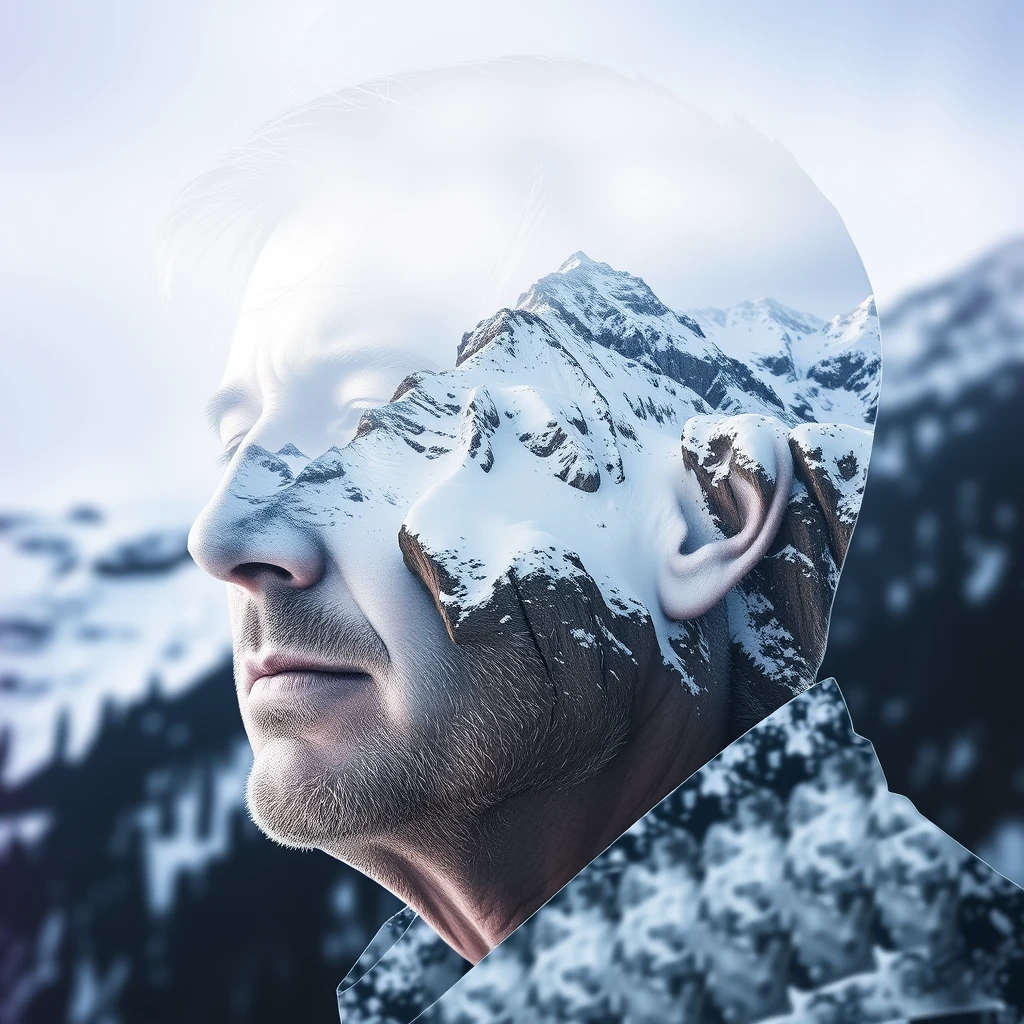 "[Abstract style of snow-covered cliffs] within the outline of a [middle-aged man's] head, this is a double exposure photo. Non-representational, colors and shapes, emotional expression, imaginative, very detailed."