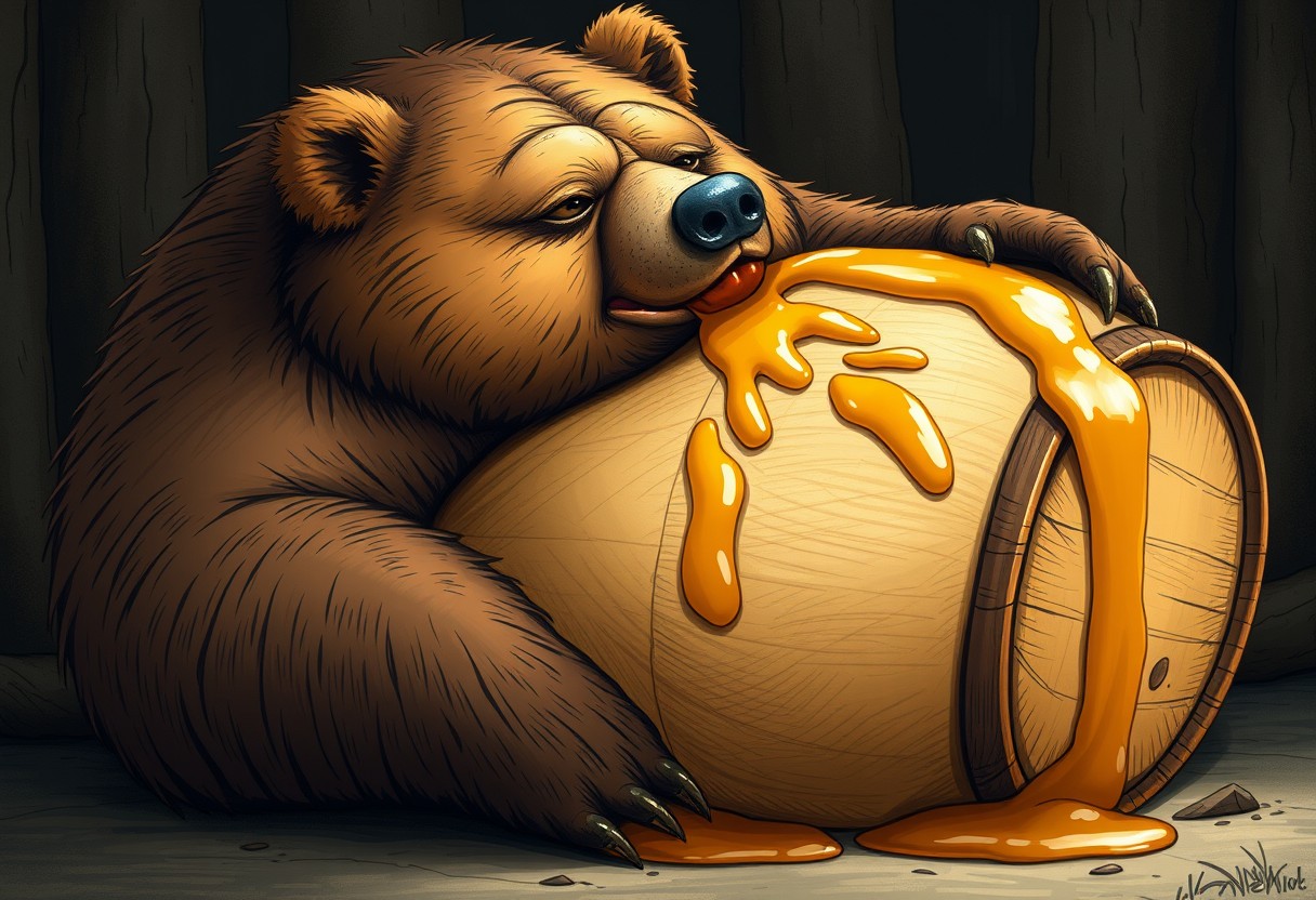 Obese bear guzzling a barrel of honey, bloated overhanging sagging belly, high resolution.