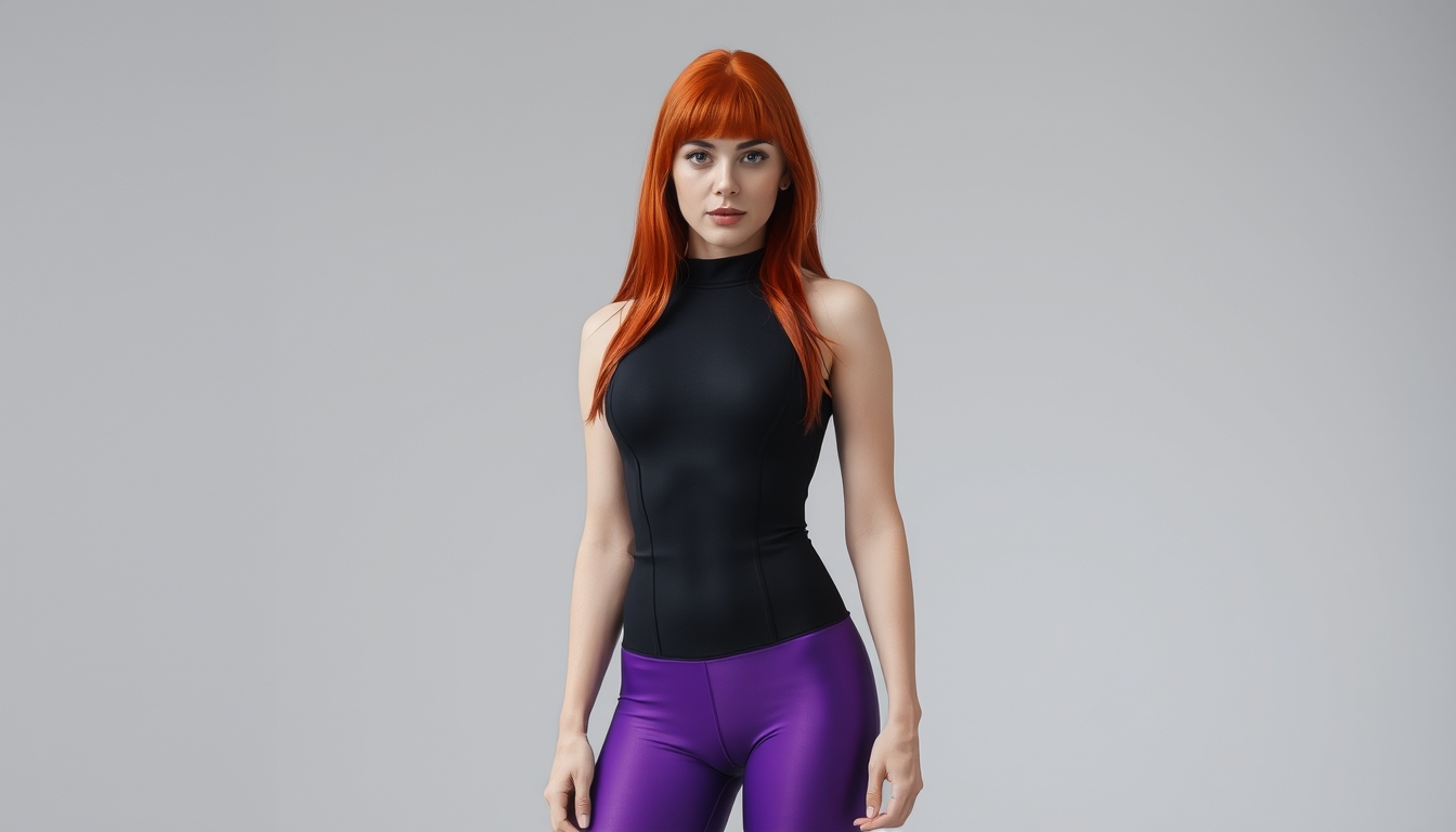 Red head with very black and purple spandex standing straight a.