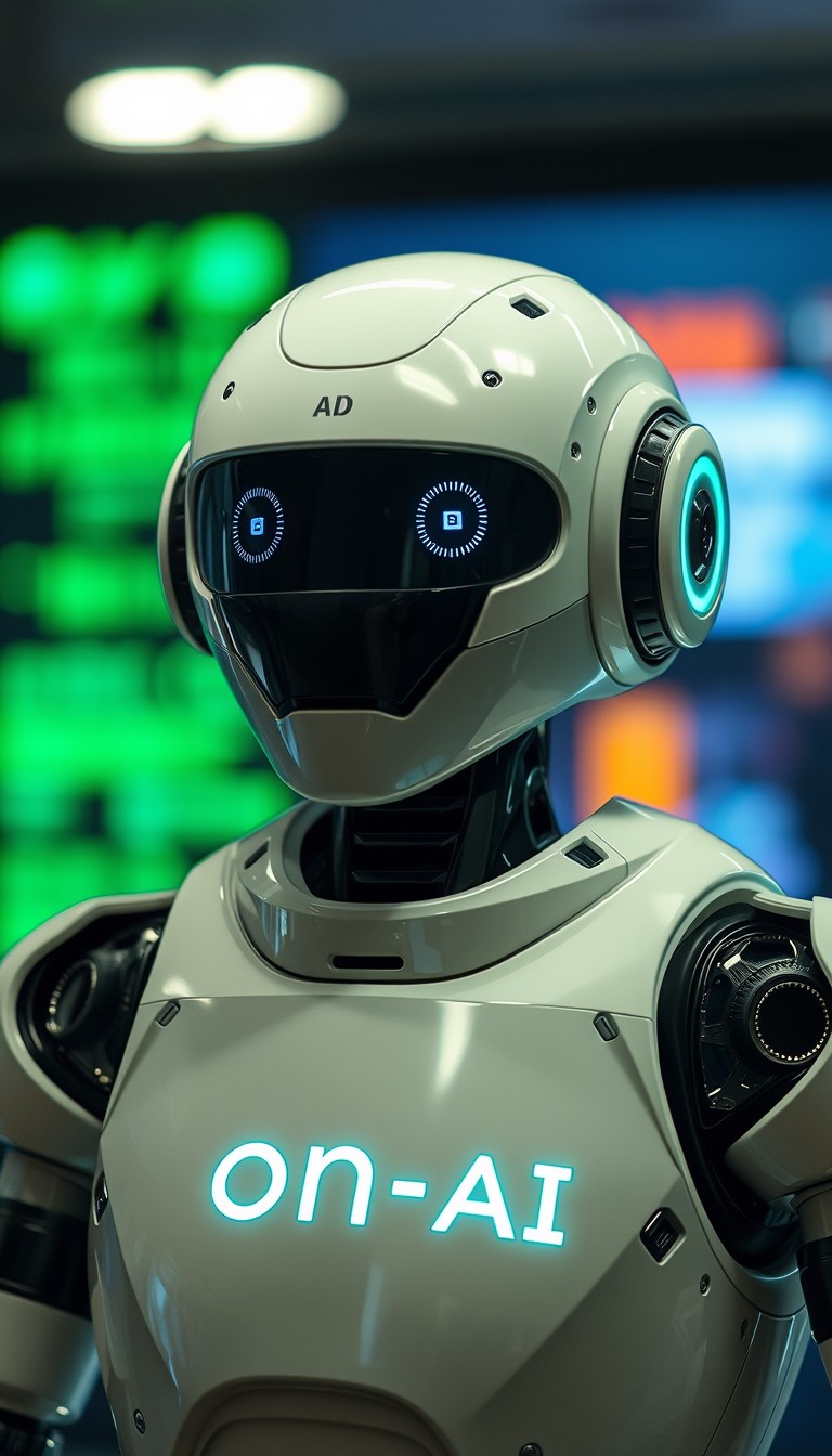 'an AI sales bot named on-AI (written on its chest) calls customers.'