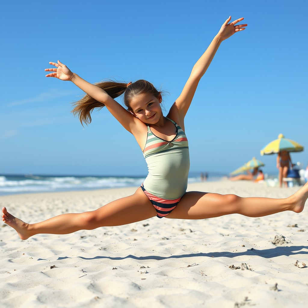 'Create a photo: A German girl from the 6th grade in swimwear doing the splits on the beach.'