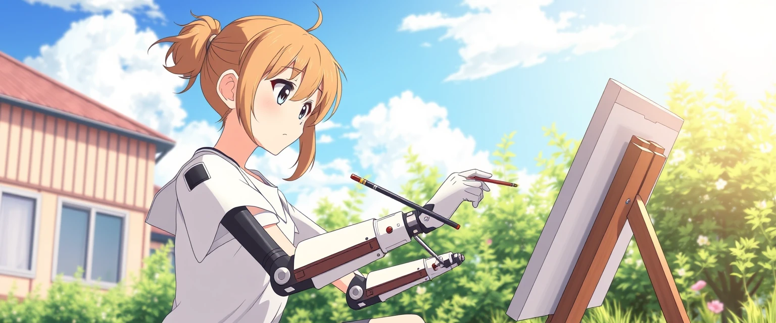 A 14-year-old girl with a pair of mechanical arms is painting outdoors in the bright sunshine. Japanese animation style.