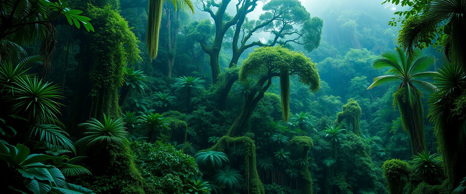 Lush, tropical rainforest, dense foliage, high quality, photorealistic, vibrant, breathtaking, misty, emerald green, ancient trees, hidden trails, tree frogs, vibrant orchids, hanging vines, moss-covered rocks, canopies, wildlife sanctuaries