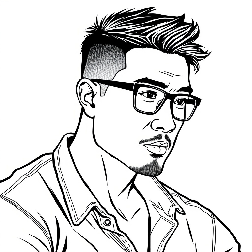 "Create a cool line drawing of a 35-year-old man, slightly to the right, with short crew-cut hair, a muscular build. He is Asian, wearing framed glasses, with a bit of facial hair, and dressed in a shirt."