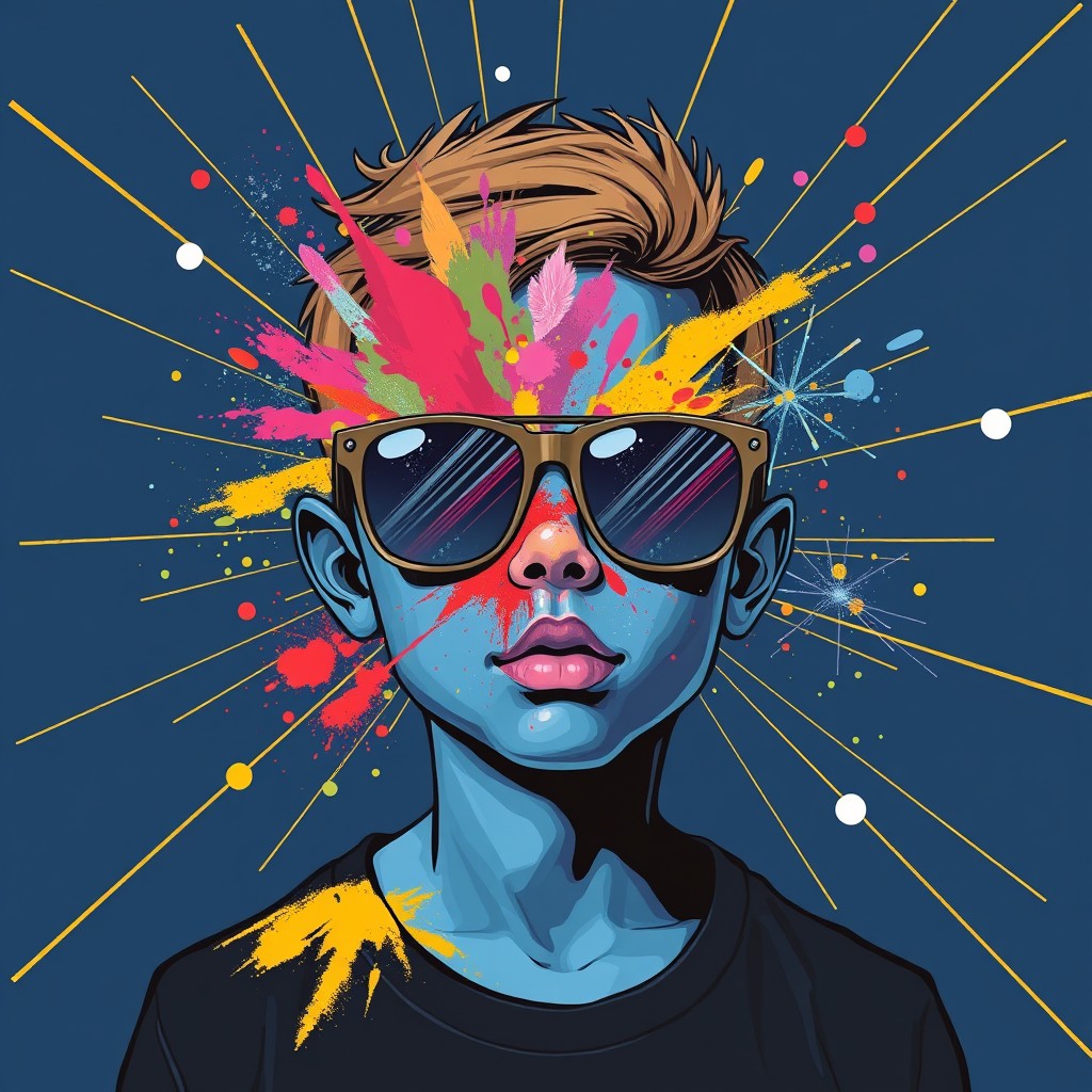 A boy with blue skin and an abstract face, wearing sunglasses, surrounded by glass breakage and gold lines on a dark blue background, with a colorful explosion of powder spillage on his face. Illustration style, Andy Warhol style, Picasso style. - Image