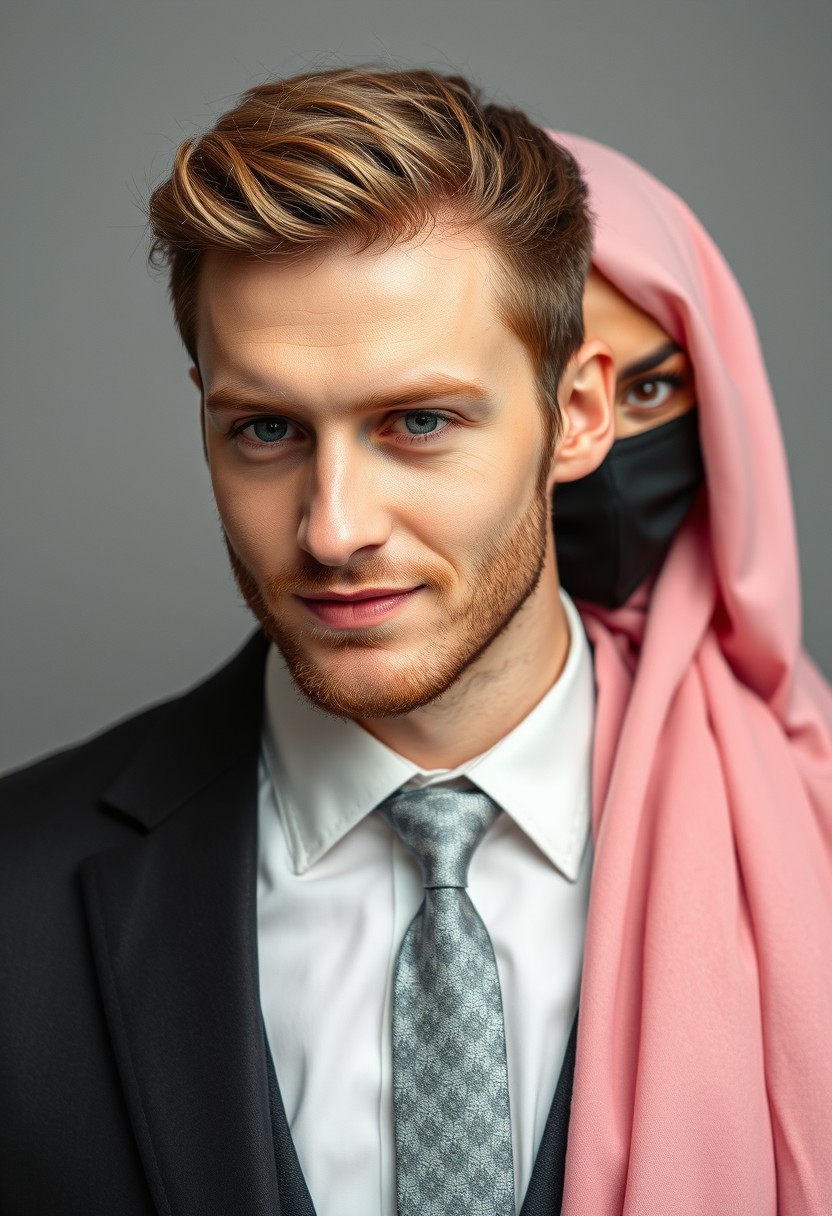 Jamie Dornan's head and body shot, handsome, young, shy smile, white shirt half buttoned, grey patterned tie, black coat suit, dating love with the biggest soft pink hijab girl, beautiful eyes, black face mask, biggest floral jubba, hyper-realistic, studio photography, full photo. - Image