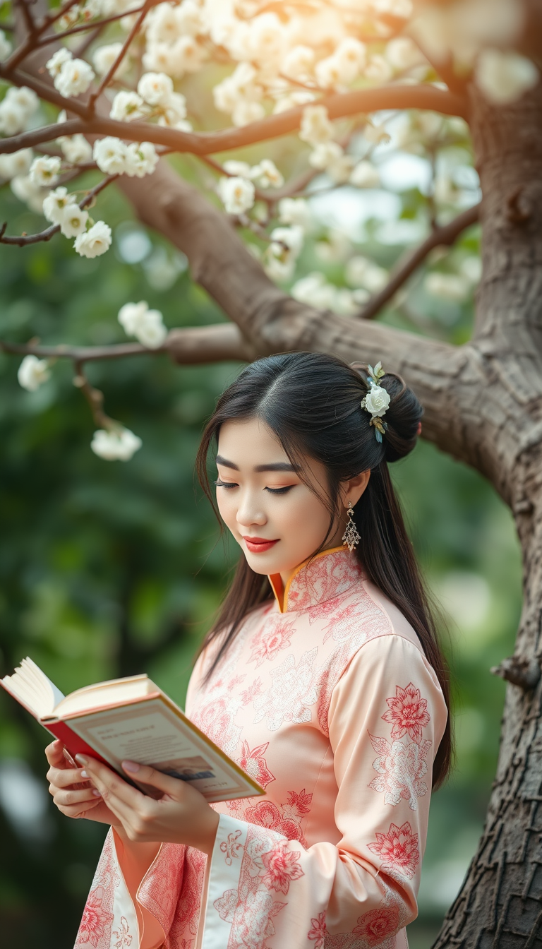 A Chinese beauty is reading a book under the tree. - Image