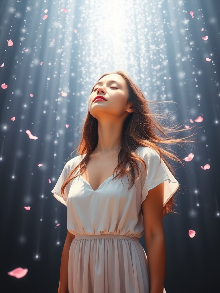 A captivating image of a young woman with her eyes closed, standing beneath a dazzling white glowing energy shower that descends from the sky. The scene is bathed in bright, harmonious colors, creating a sense of peace and tranquility. The woman wears a flowing white dress, and her long hair gently flows in the air. Delicate flowers and petals surround her, adding to the serene atmosphere.