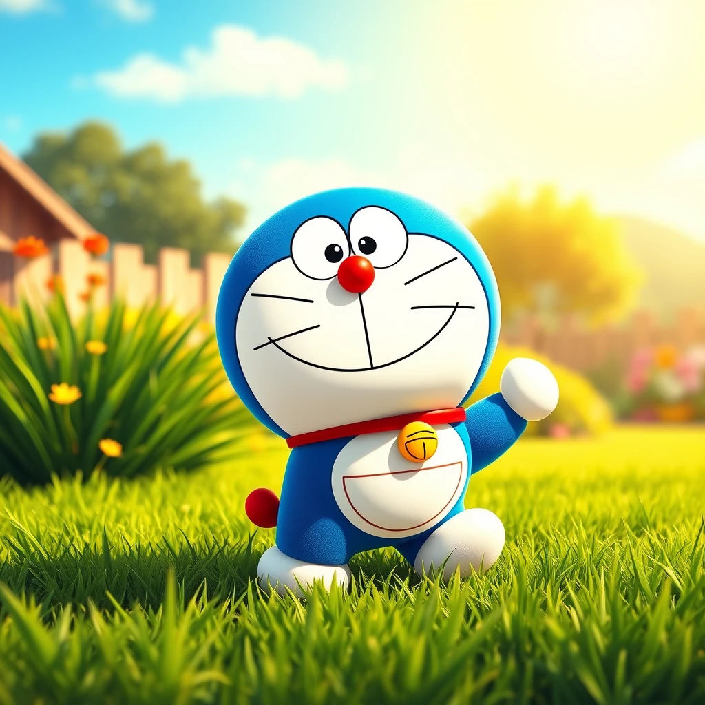 Doraemon in Pixar style, cute and expressive, vibrant colors, playful pose, sunny garden setting, lush green grass, clear blue sky, warm sunshine, cheerful and inviting atmosphere, fuzzy texture. - Image