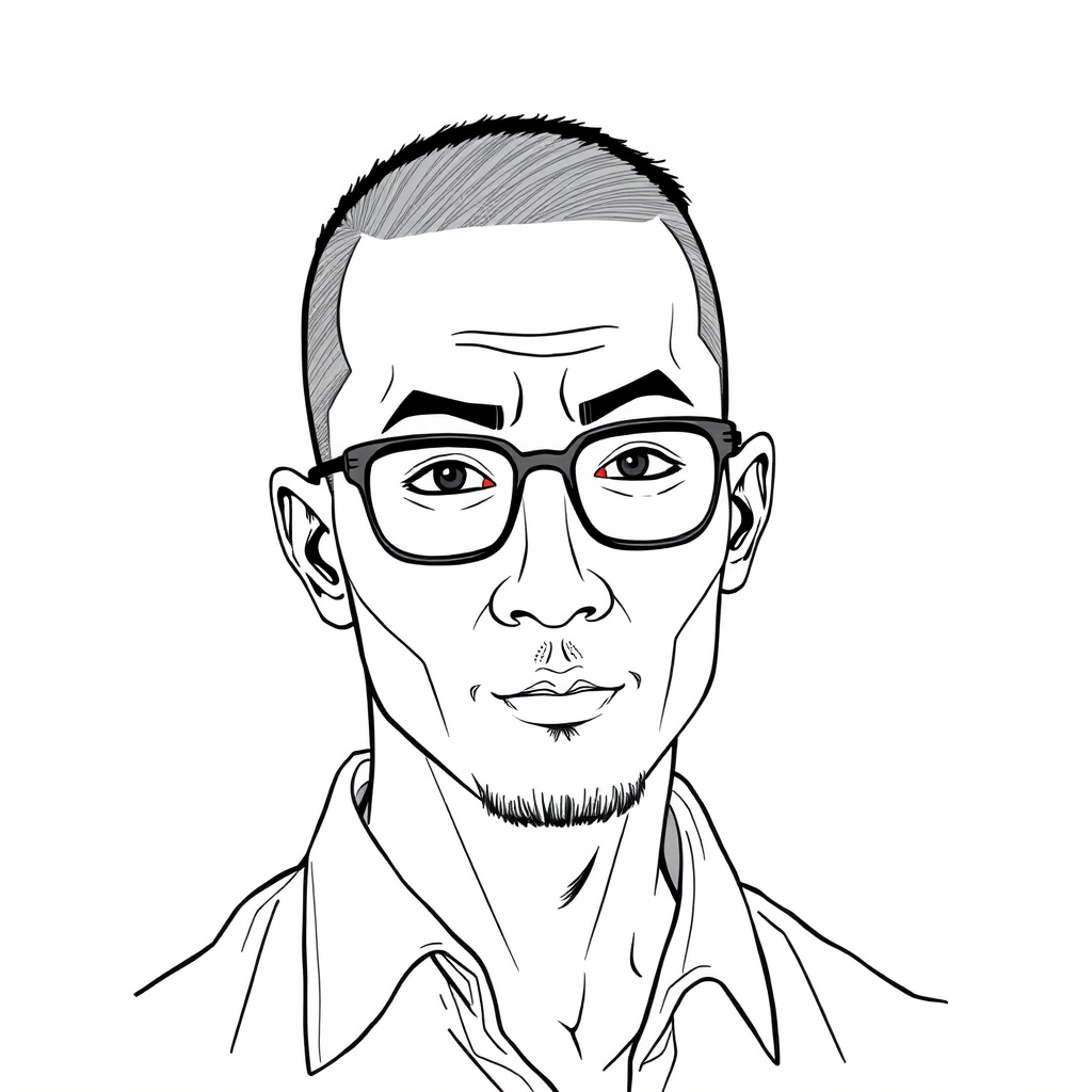 A cool line drawing of a 35-year-old man’s head, with a buzz cut, Asian descent, wearing framed glasses, a slightly short beard on his chin, dressed in a shirt, exuding a bit of a rogue temperament, with a facial structure that is defined and full. - Image