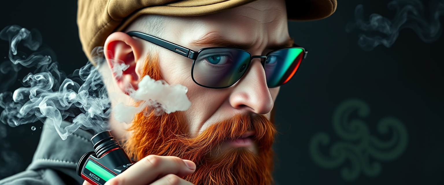 Three-quarter view of a sinister, bald human male with demonic features. Short ginger beard contrasts with dark eyebrows. Wears a weathered flat cap and reflective aviator glasses. Clutches a sleek vape mod, exhaling dense, swirling vapor clouds. Vibrant e-liquid drips off his pale skin, creating a colorful aura. Hyper-realistic, highly detailed. - Image