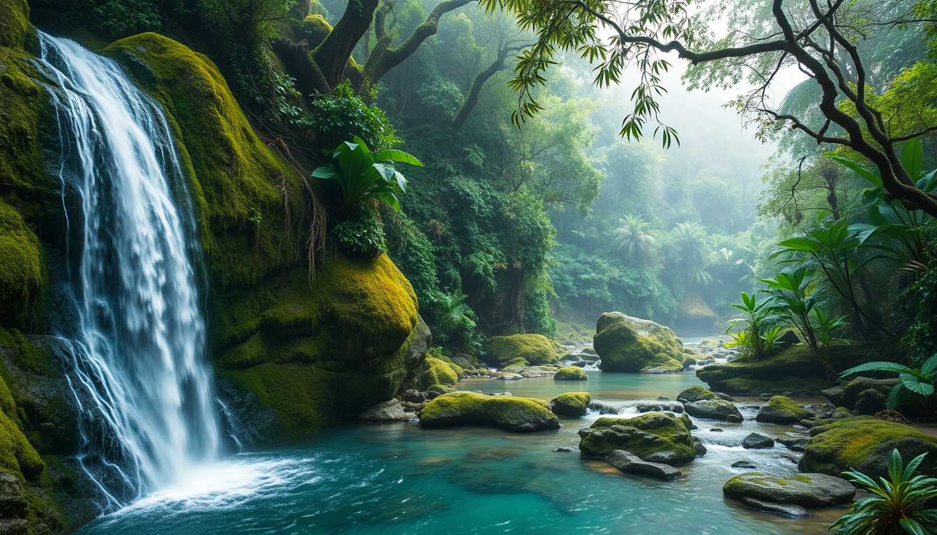 rfall, cascading, clear water, lush greenery, high quality, photorealistic, hidden oasis, serene, rainforest, breathtaking, secluded::0.8 moss-covered rocks, tropical plants, natural pools, jungle trails, mist,