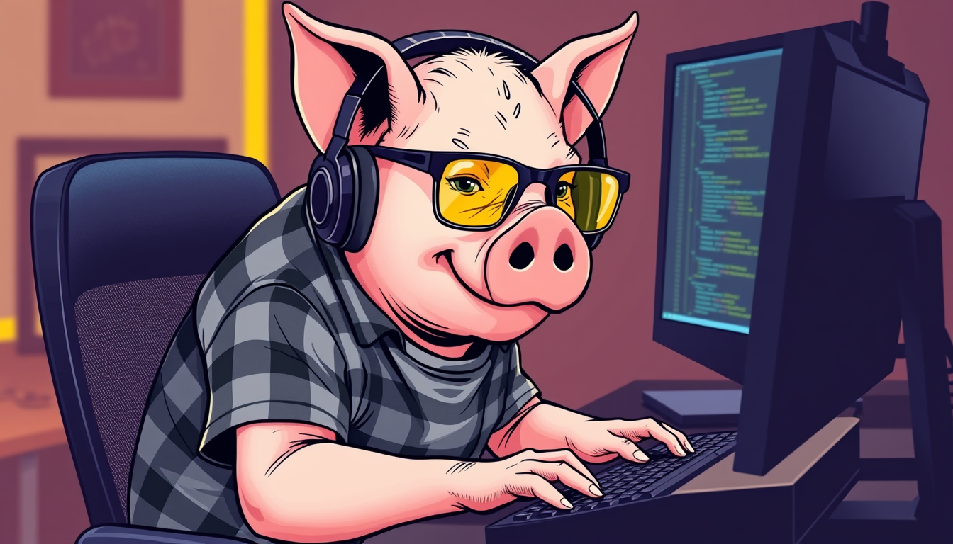 A tech-savvy pig coder, wearing yellow-tinted glasses and sleek noise-cancelling headphones, hunches over a cutting-edge multi-monitor setup. The anthropomorphic pig exudes focus, typing furiously. Dressed in a plaid t-shirt. - Image