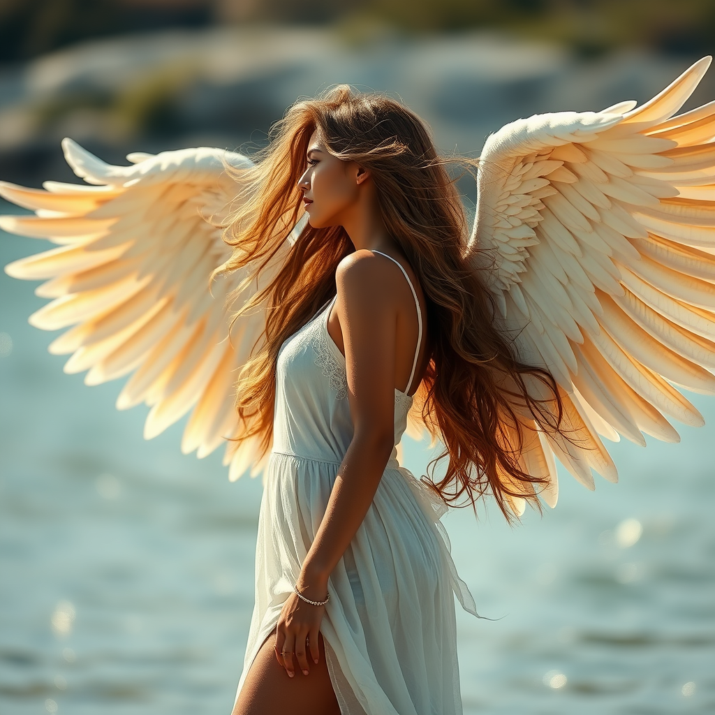 9 heads tall female model, angel, wind wave long hair, spread big wings on the back, full body, side view, side lighting, background bokeh, super realistic, film look, Emerald Beach. - Image