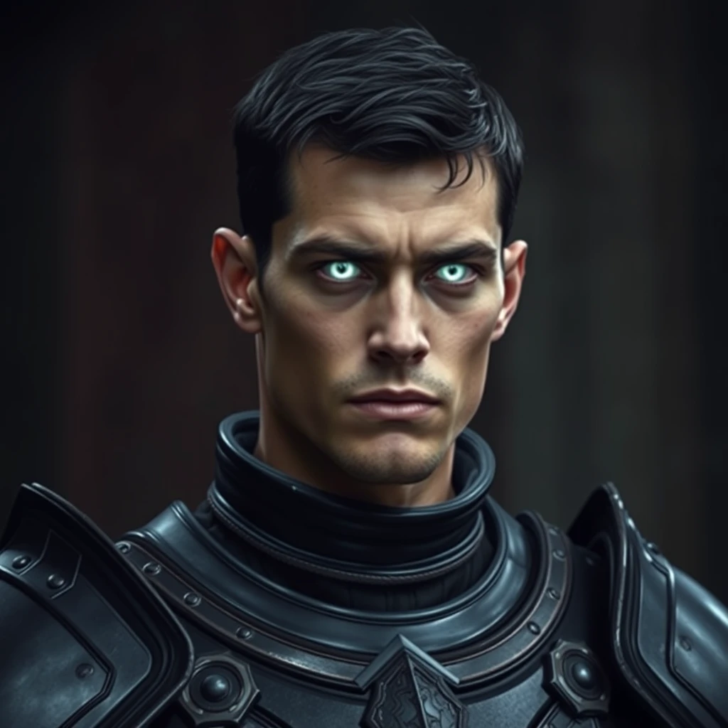 A man, about 20 years old, in black armor without a helmet, glowing white eyes, dark hair, pale skin, square head. Realistic photo.