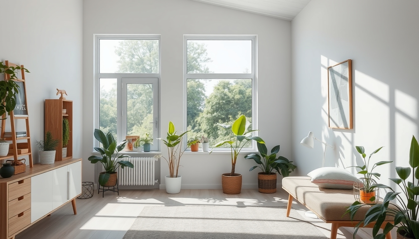 A serene interior space with natural light streaming in, featuring minimalistic decor, indoor plants, and a cozy reading nook.