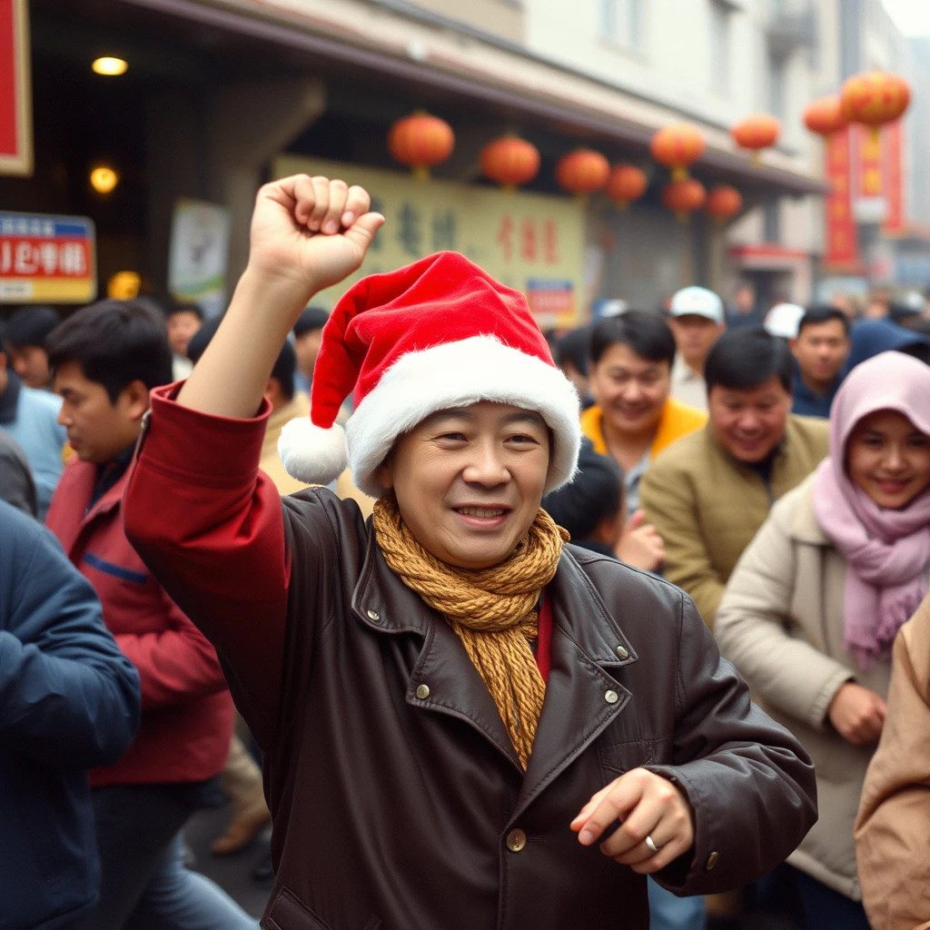 A Chinese person dancing with a Christmas hat in a crowd in Shenzhen during the 1990s, very lively.