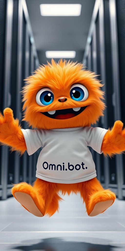 An orange fluffy cute smiling baby monster with oversized blue eyes wearing a white t-shirt branded "Omni.bot" is jumping in a huge datacenter.