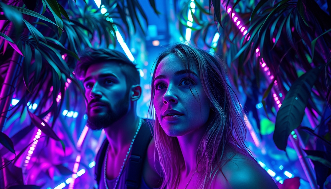 Focus shifts to the male and female, amazed and slightly disoriented by this futuristic environment. The lighting here is cooler, with a palette dominated by neon purples, blues, and greens, adding to the surreal experience. Surreal and vivid, combining the raw, untamed beauty of the Amazon Jungle with otherworldly psychedelic visuals and futuristic, neon-lit cyberpunk elements. - Image