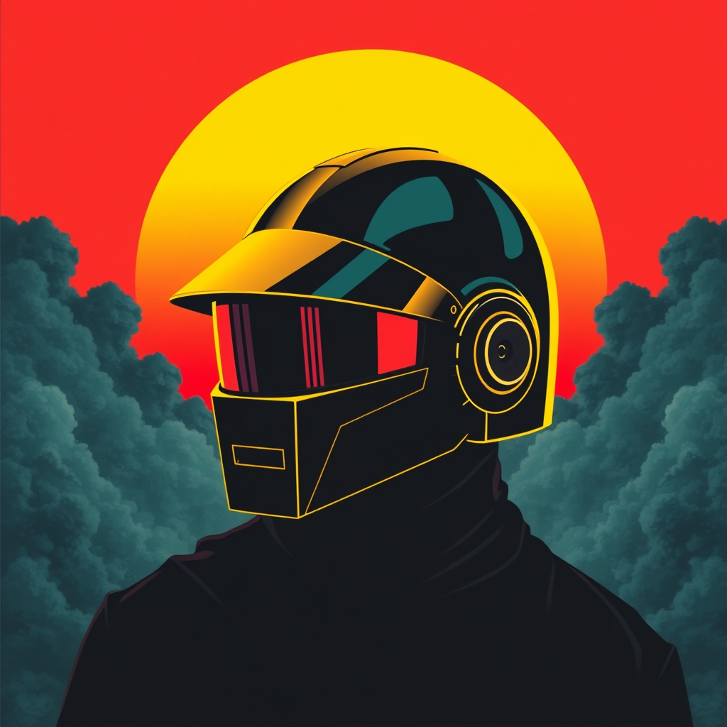 Black gold Daft Punk helmet with a large visor looking to the left, vector art style for a poster or T-shirt, featuring a large sun-like circle in yellow and red in the background, layered with dark grey clouds and tetradic color. The design includes black canvas, dark teal accents, and a sinister atmosphere, reminiscent of album art and CD cover artwork.