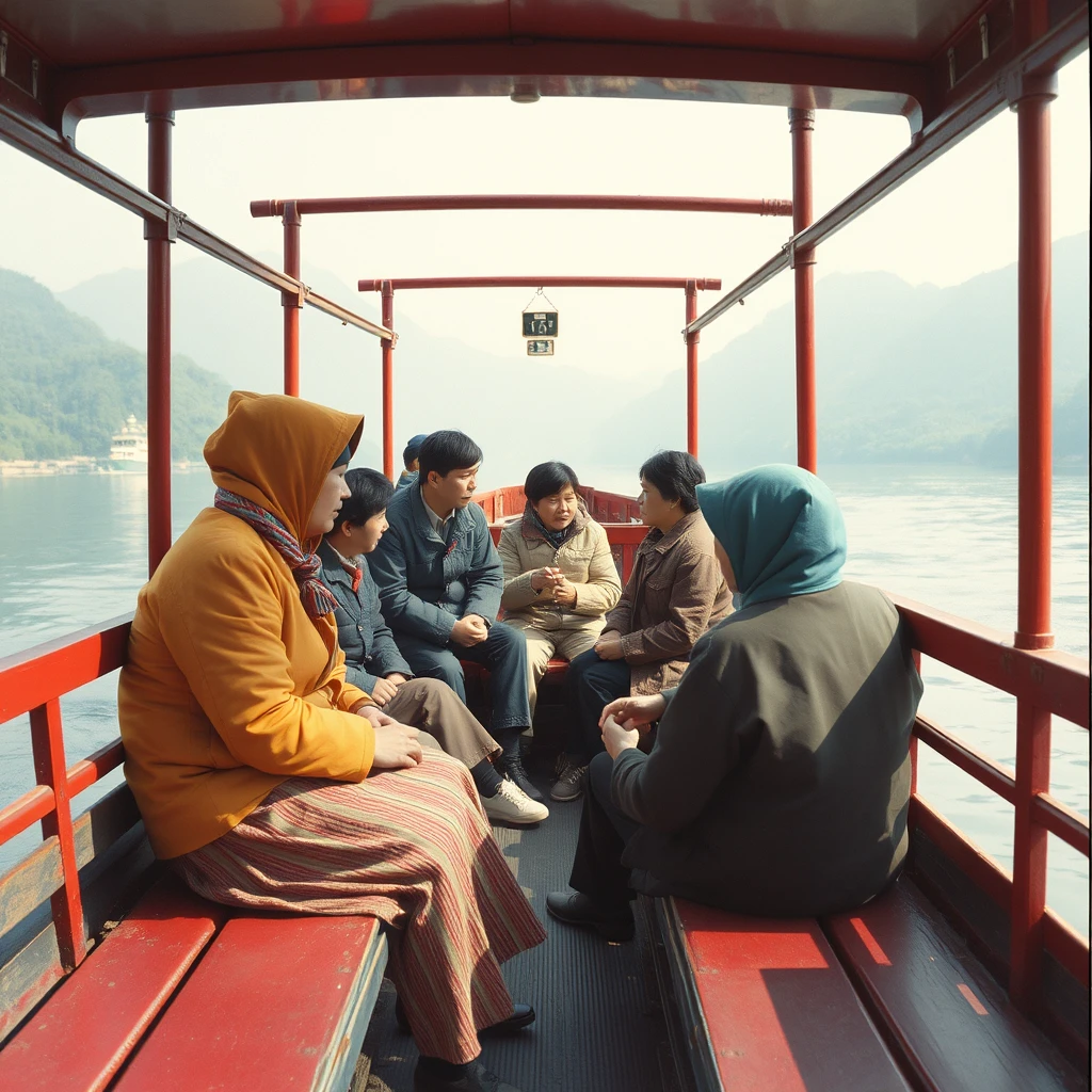 "In the 1970s, people were chatting on a ferry along the river in Sichuan Province, China."