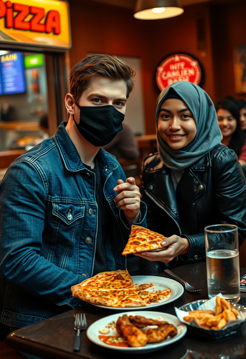 Jamie Dornan's head and body shot, handsome, young, face mask black, blue jeans jacket, jeans, dating love with a grey hijab Muslim girl, beautiful eyes, face mask black, black leather jacket, biggest floral skirt, at a hot pizza fast food restaurant, plate of slice of cheese pizza, plate of Korean fried chicken and fries, glass of soft drink, eating with 3 other random smiling friends in the back, photorealistic, hyper-realistic, street photography. - Image