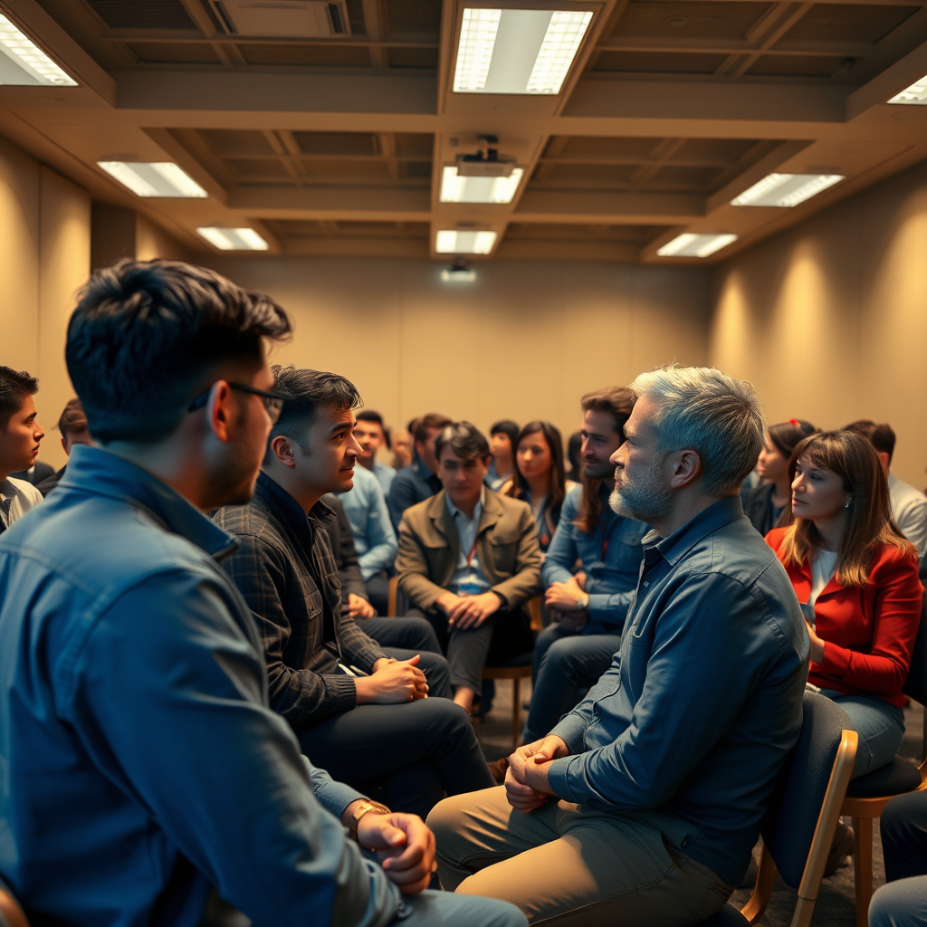 A room full of the same person, talking to each other about each other, super realistic, so I won't think the photo was generated by AI. - Image