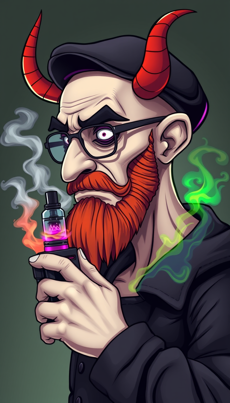 Three-quarter view of a sinister, bald cartoon human male with necromancer lich features. Demonic horns, short fiery ginger beard contrast with dark eyebrows. He wears a weathered flat cap and aviator glasses. He clutches a sleek vape mod, exhaling dense, swirling vapor clouds. Vibrant e-liquid drips off his pale skin, creating a colorful aura.