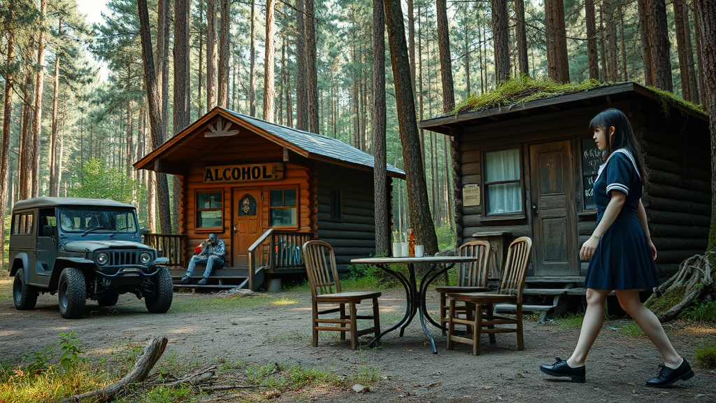 Real-life photography, wide shot: In the forest, there are two wooden cabins selling alcohol, and a dressed zombie comes to buy some. Next to the cabin, there are one table and two chairs, with a zombie wearing a hat sitting and drinking. There is also an abandoned off-road vehicle nearby, covered in moss and weeds. A Japanese female student wearing a school uniform skirt walks by.