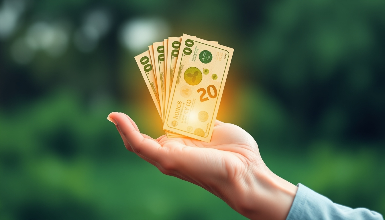 Hand holding digital eco-currency, symbolizing green finance.