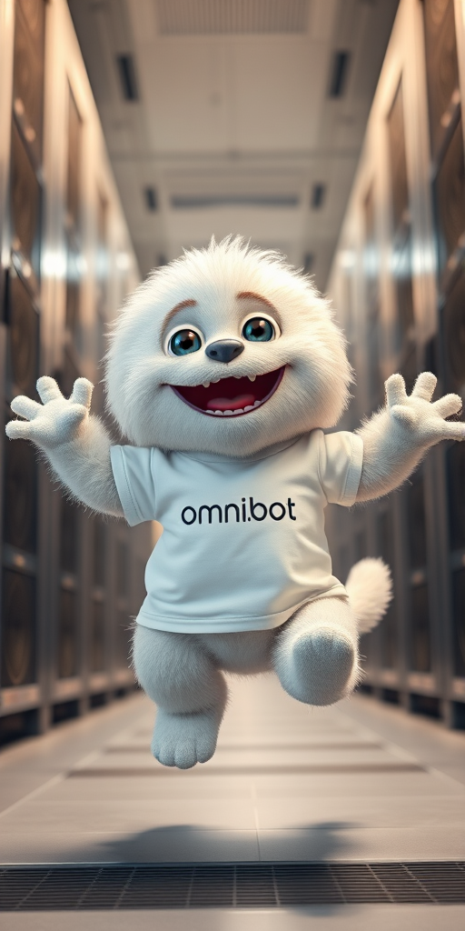 A fluffy cute smiling baby monster wearing a white t-shirt branded "Omni.bot" jumping in a huge data center. - Image