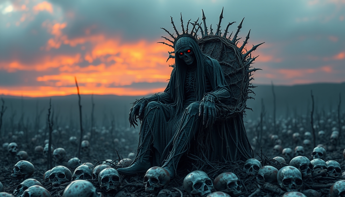 I used the Flux AI Image Generator to create this image of a dark scarecrow sitting on a throne made of thorns. The throne is in the middle of a wasteland surrounded by skulls. The scarecrow is looking directly at the viewer, and its eyes are glowing red. I think this image is very creepy, and I like the way the colors and lighting create a sense of atmosphere. - Image