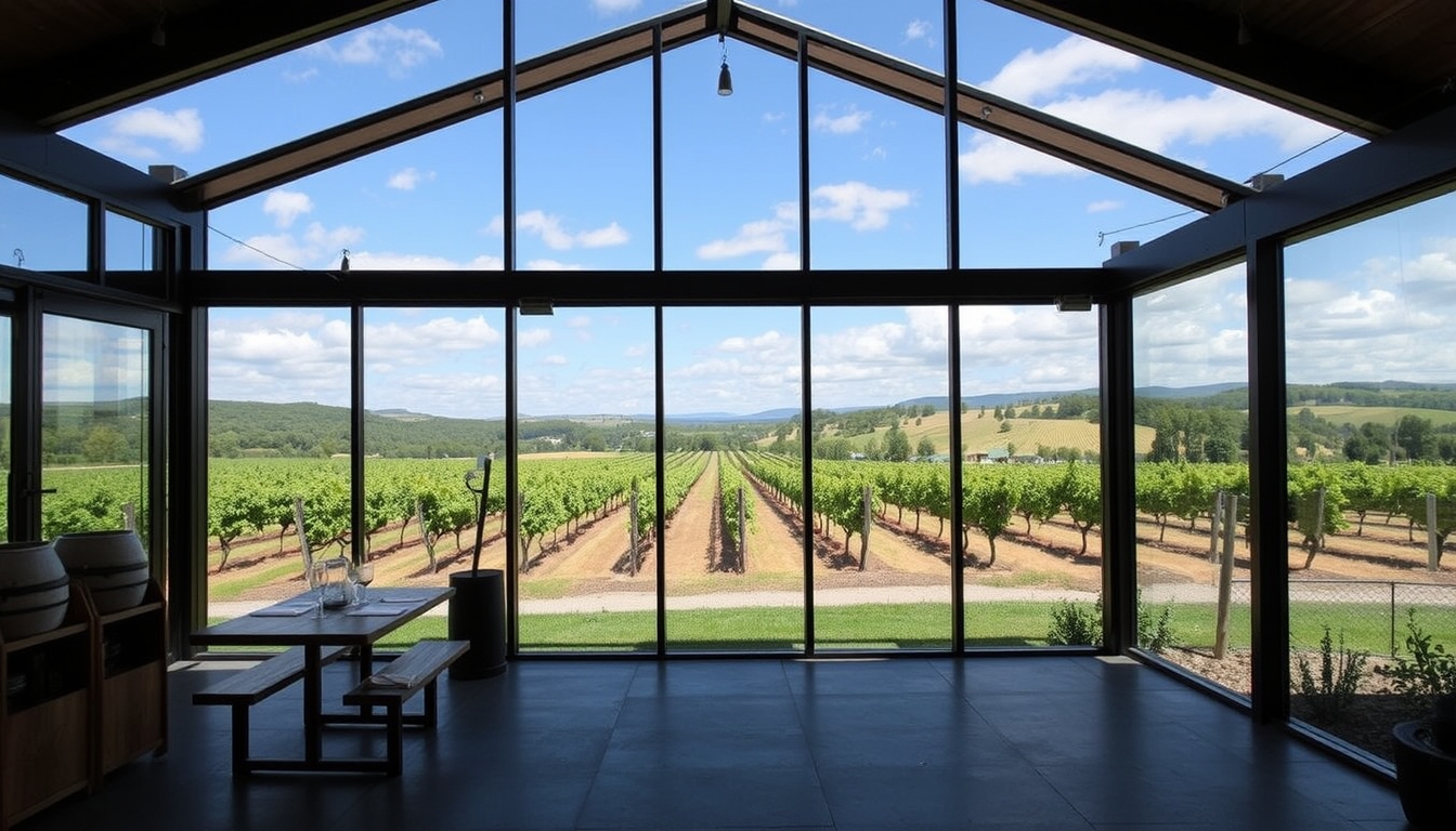 A picturesque vineyard with a glass-walled tasting room overlooking the grapevines. - Image