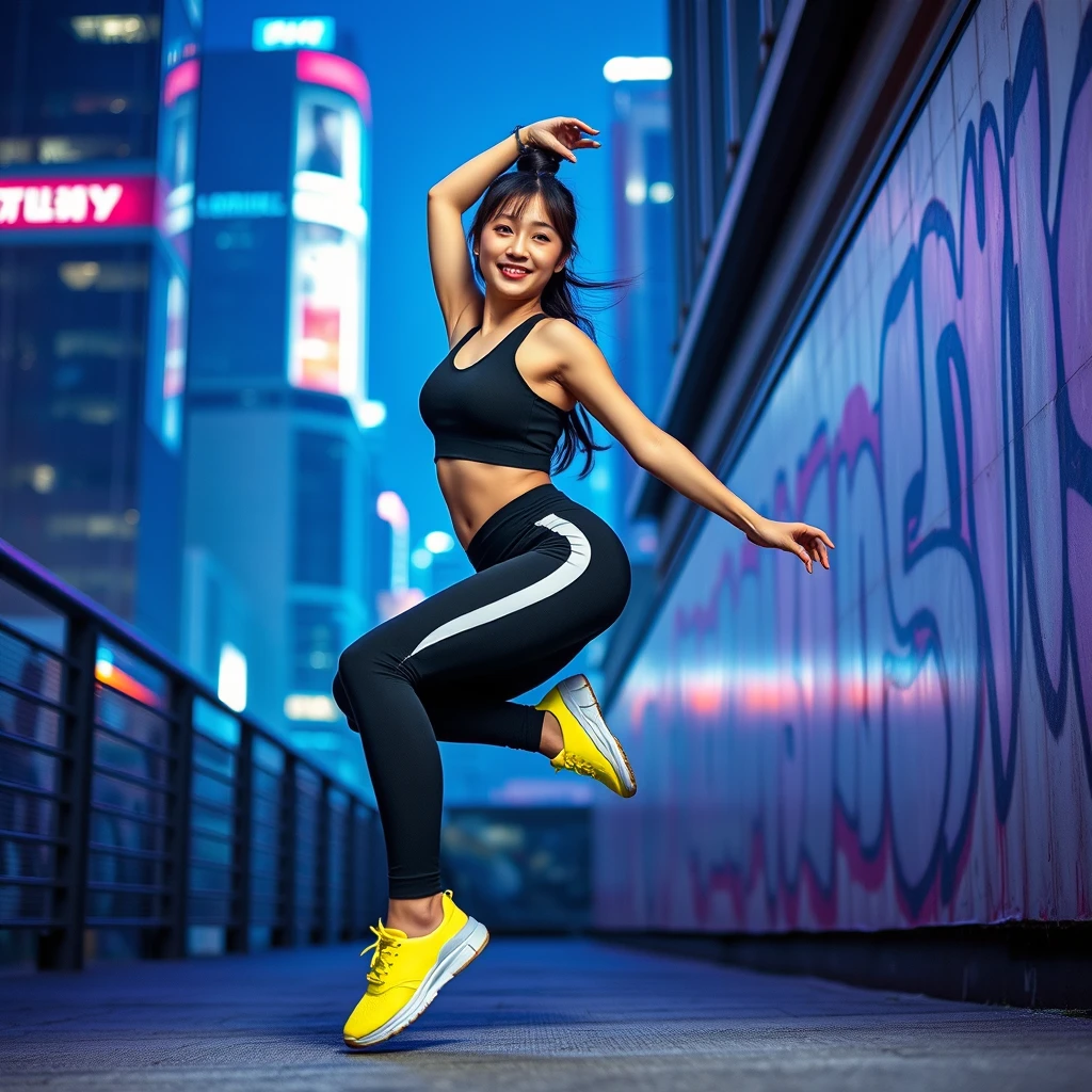 Urban Athletic Elegance  
Concept: Capture the energy of the city and the grace of an athlete.  
Style: Sleek, minimalist athletic wear paired with bold accessories. Think black leggings, crop tops, and neon sneakers.  
Setting: Urban landscapes like city streets, rooftop helipads, or subway stations.  
Pose: Dynamic poses that showcase the athlete's strength and flexibility, such as jumping, stretching, or doing a handstand against a graffiti wall.  
Lighting: Use neon lights and cityscapes to create a dramatic, high-contrast look.  

22yo girl, korean idol, ((Short bridge of the nose)), ((High, slender nose)), young, cute, smile.