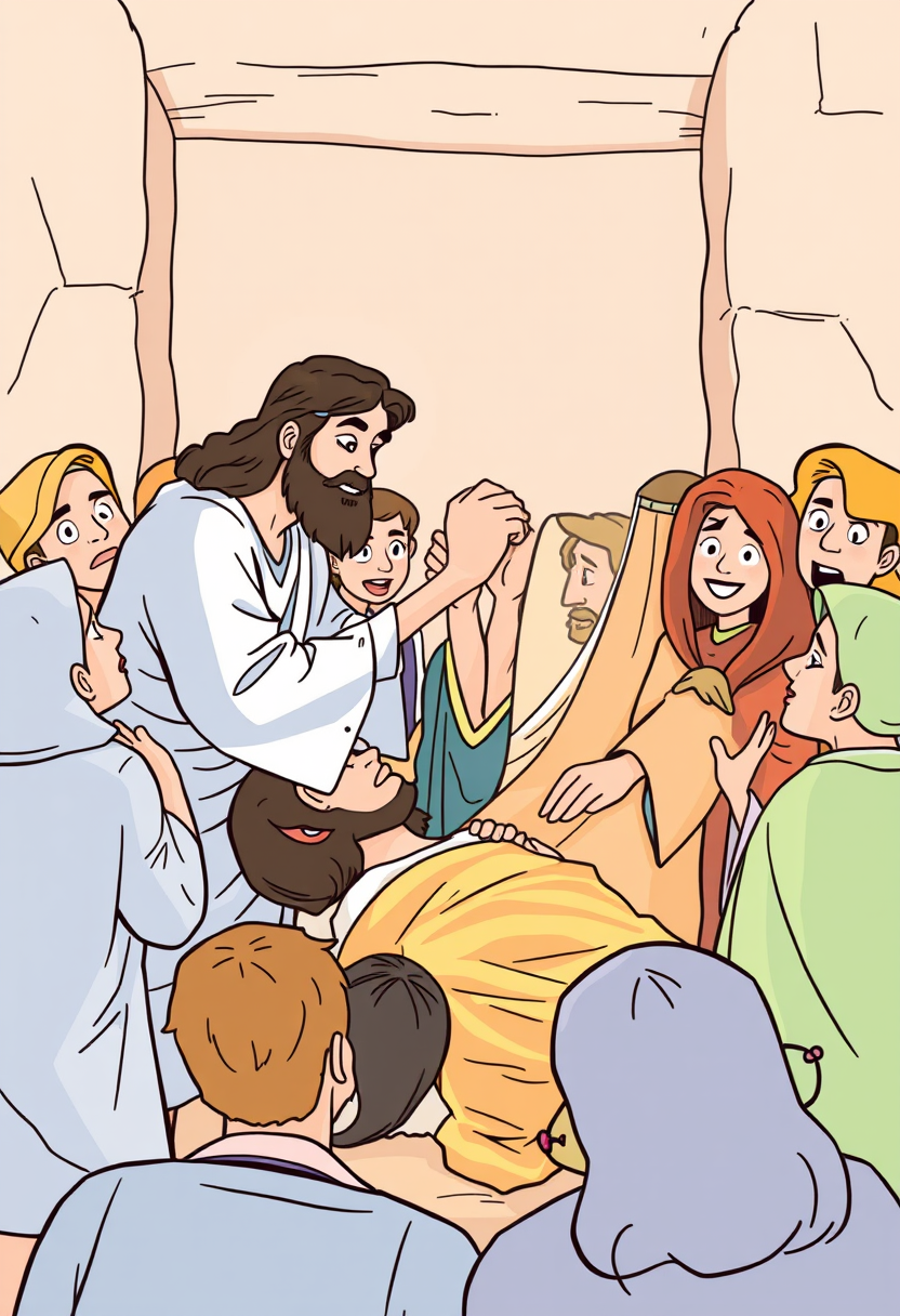 Depict Jesus healing a sick person, surrounded by amazed onlookers, in a warm and compassionate setting. Cartoon style, thick lines, low details, no shading.