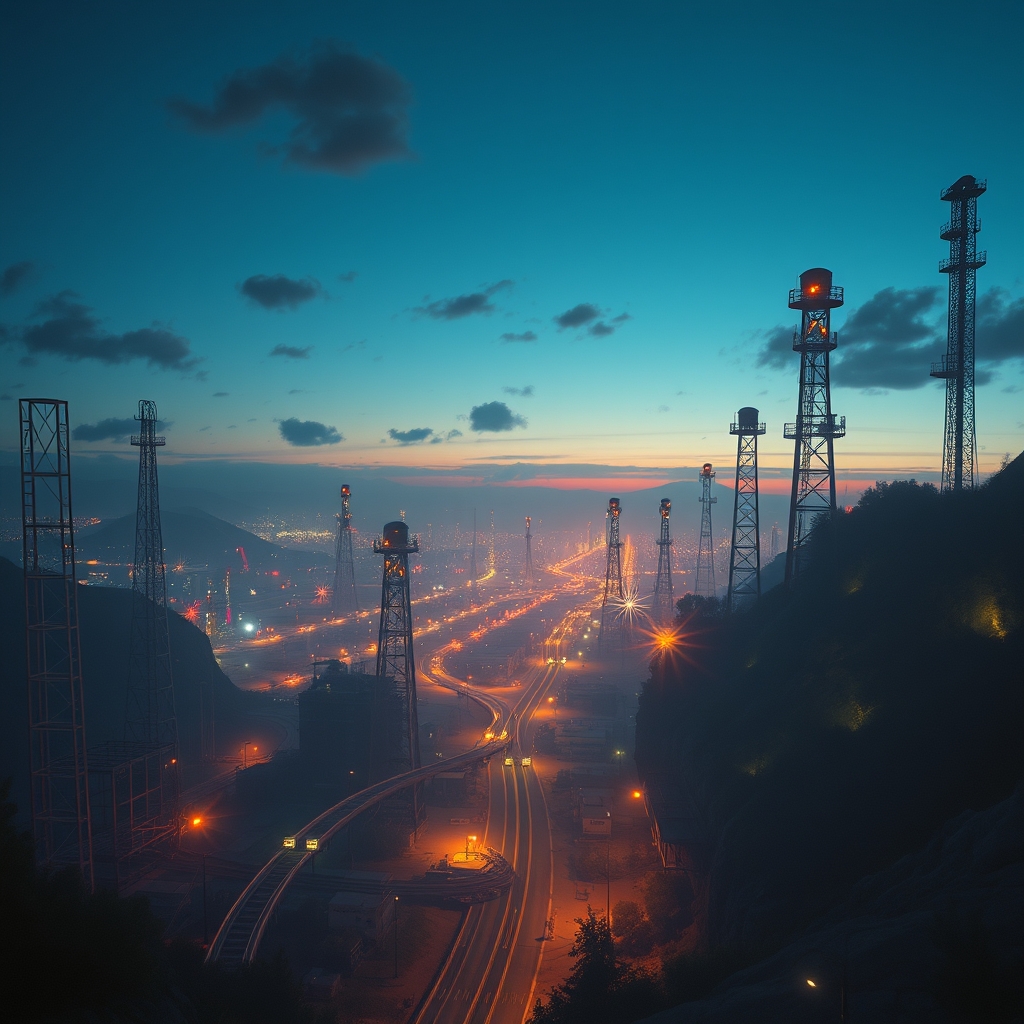 "Ilya Kuvshinov" style.  
Visually absurdly cluttered fantasy landscape.  
"Los Angeles panoramic view from the oil pumping stations."  
Lots of wind and magical lights scattered everywhere.  
Dusk.  
Long shadows.  
By "Simon Stalenhag."  
Lifelike details.  
Cinematic.  
Dramatic.  
Dynamic.  
Extremely refined lines and shapes.  
Extremely refined details on objects.  
Sharp details.  
Wide range of colors.  
Many details everywhere. Ray-Tracing. Anti-Aliasing. Realistic soft shadows. Low saturation colors. Insane quality. Insane resolution. Insane details. Masterpiece. 32k resolution. - Image