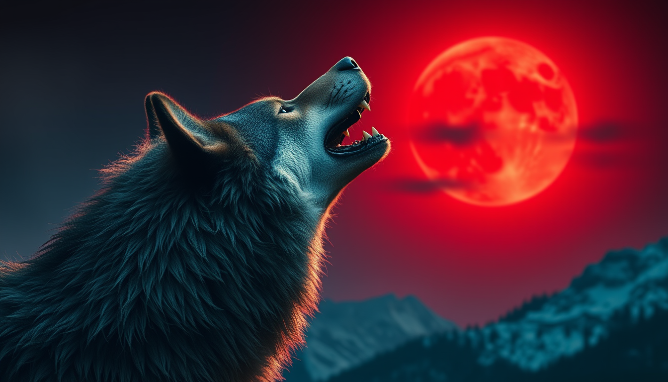 A horror style ultra-realistic photograph of a wild mountain wolf with sharp teeth howling at the bloody red moon, side view. - Image