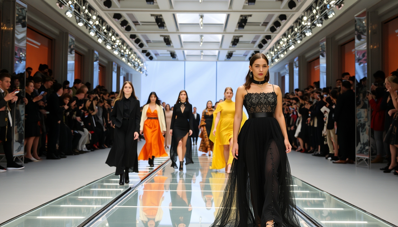 A high-end fashion show with models walking down a glass runway. - Image