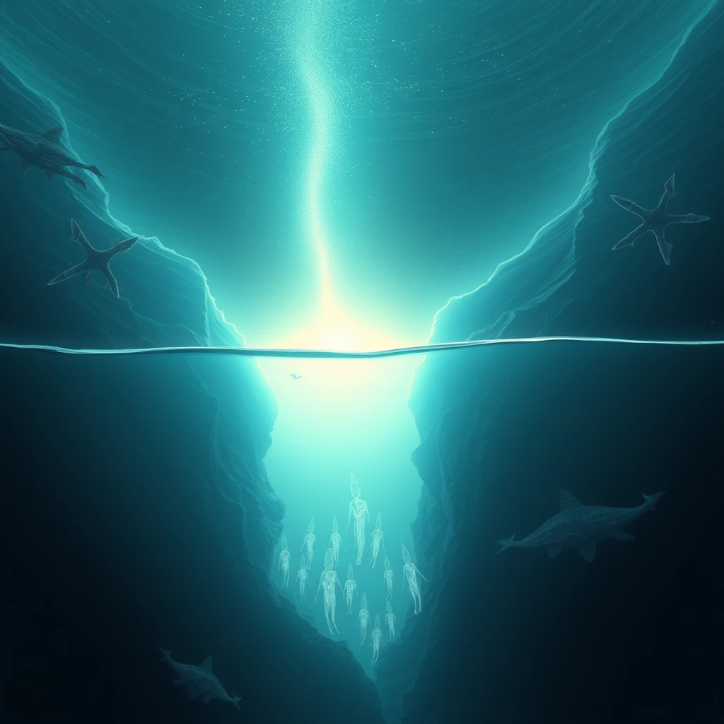 In a deep ocean plain, an unfathomable crack suddenly appeared in front of the expedition team. A faint light emanated from within the crack, attracting surrounding deep-sea creatures. The expedition team decided to delve deeper into the crack, and as they descended, the light within grew progressively stronger until they discovered a group of glowing beings residing deep inside the crack. Their bodies were as transparent as crystal, emitting a ghostly blue glow. At the end of the crack, there seemed to be an ancient secret hidden, which, once uncovered, would change the fate of the entire ocean. - Image