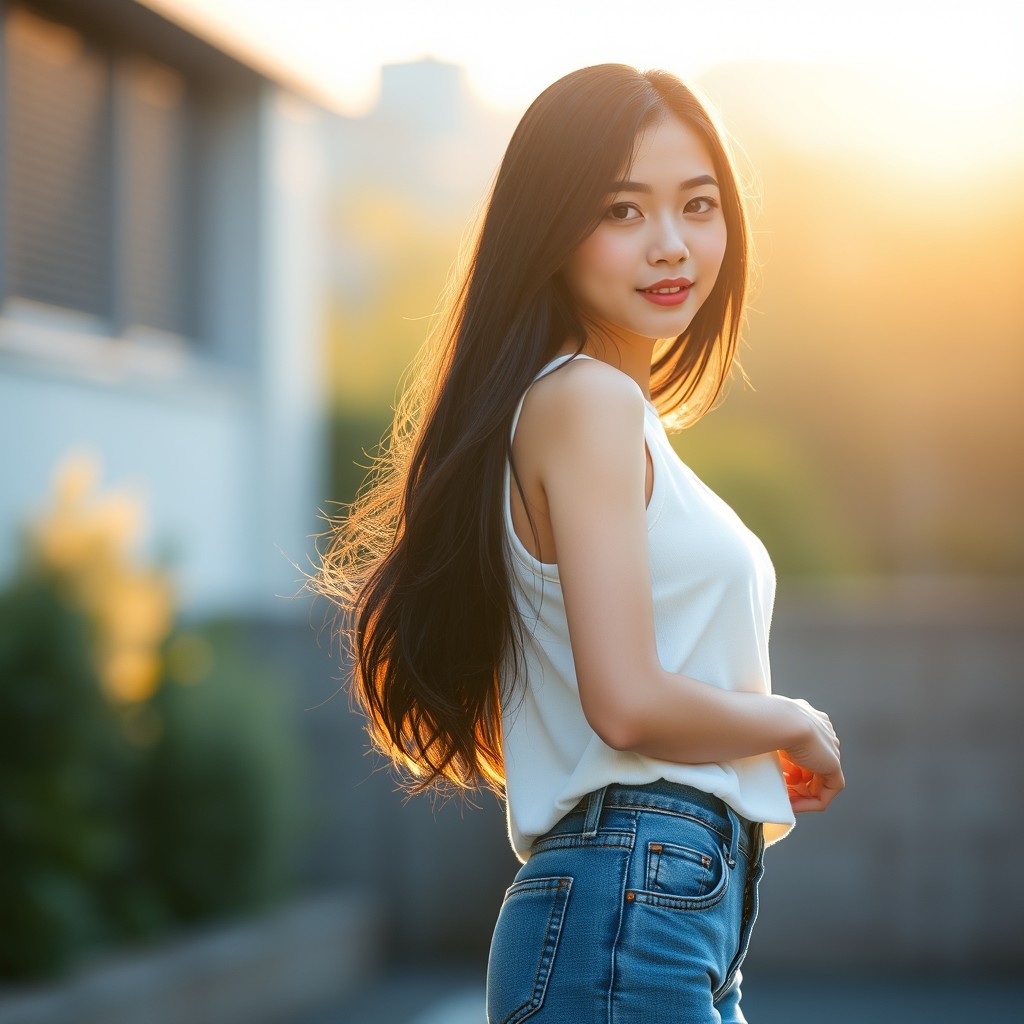 masterpiece, highly detailed, photorealistic, 1 girl, Asian, beautiful, long black hair, short jeans, white vest, natural sunlight, afternoon, full-body shot, bokeh, film still, shot by Canon EOS 5D, Canon EF 50mm f/1.2L USM lens, soft focus, warm color tone