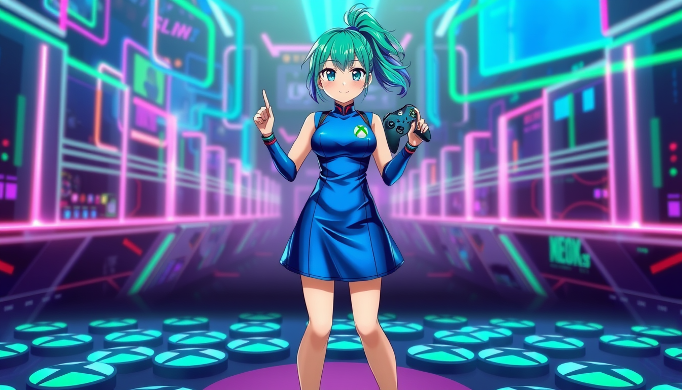 A vibrant and energetic anime girl stands in the center, her design inspired by the iconic Xbox theme. She is dressed in a sleek, metallic blue and green outfit that reflects the console's color scheme, with a short skirt adorned with the Xbox's trademark circular motifs. Her hair is styled in a high ponytail, with strands flowing freely in a gradient of blue and green, reminiscent of the Xbox's startup animation. Her eyes are bright and focused, reflecting the glow of the green Xbox button prominently displayed on her chest. In her right hand, she holds an Xbox controller, customized with anime flair, its buttons and sticks in matching hues. The background is a dynamic blend of futuristic neon lights and geometric shapes, creating an immersive gaming environment. She stands confidently on a platform made of floating Xbox logos, which gives the illusion of her hovering above the digital world. The scene is filled with a sense of excitement and readiness to play, as the girl's left hand is poised to press the button on her controller, launching her into the heart of an epic gaming adventure. The overall aesthetic is a harmonious blend of anime and Xbox elements, capturing the essence of the console's brand and the endless possibilities of the gaming universe. - Image