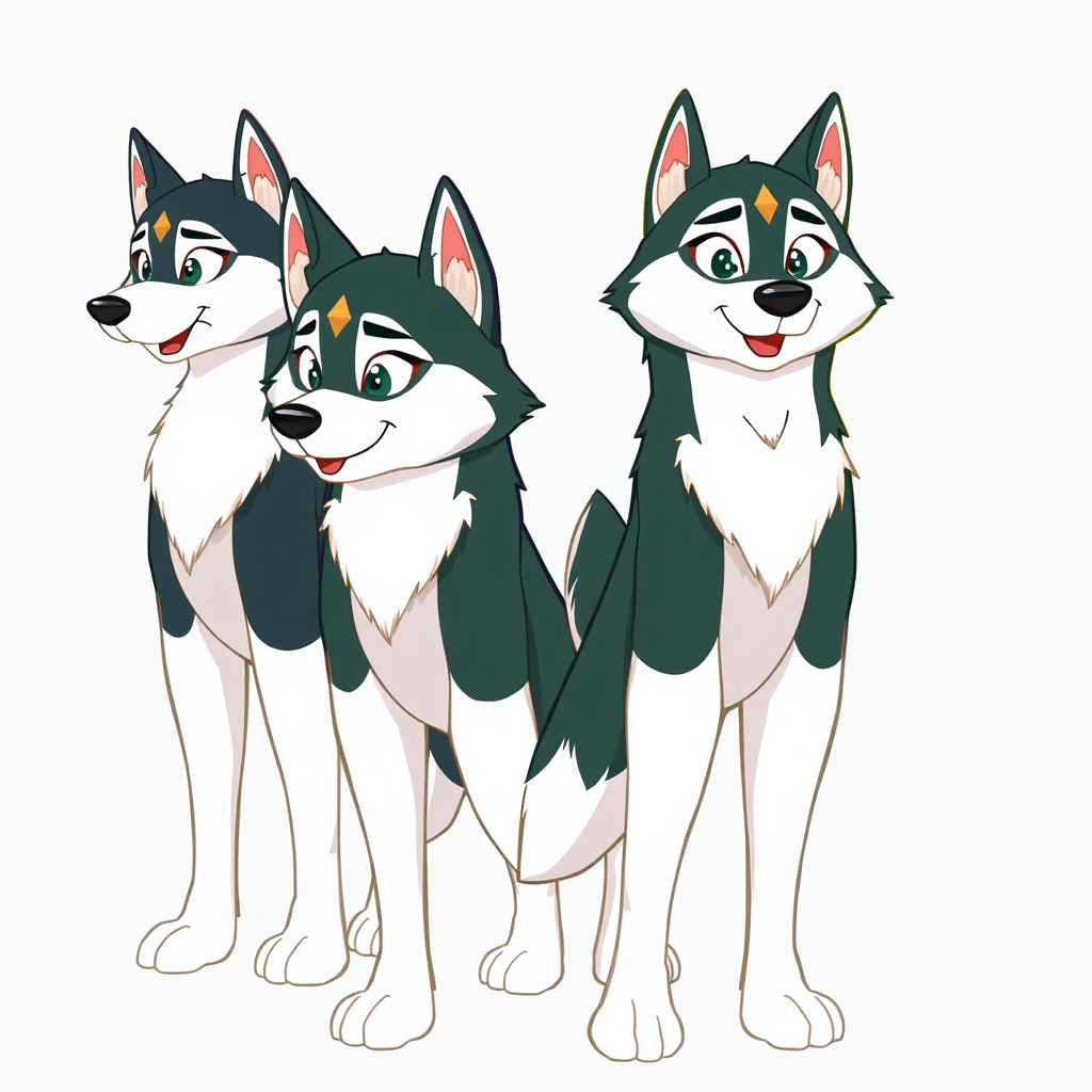 Species: Multiple cartoon fursona Huskies  
Body: Standing perfectly upright on two legs with full bodies  
Color Scheme: Darker fur areas colored in #06170e (very dark forest green)  
Lighter fur areas colored in clear white for the chest, muzzle, forearms, and tail tip  
White fur transitions from chest and forearms down the legs in a natural gradient or pattern, creating the appearance of white calves without directly modifying the body shape.  
Head: Golden brown diamond shape pattern on the forehead  
Legs: Digitigrade legs  
Face: Friendly and expressive   - Image