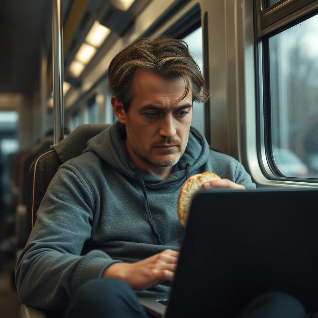 "A real person creating with a melancholy vibe, a sad programmer sitting on a train, holding a piece of bread in one hand, eyes fixed on a laptop, with thinning hair and a touch of gray."