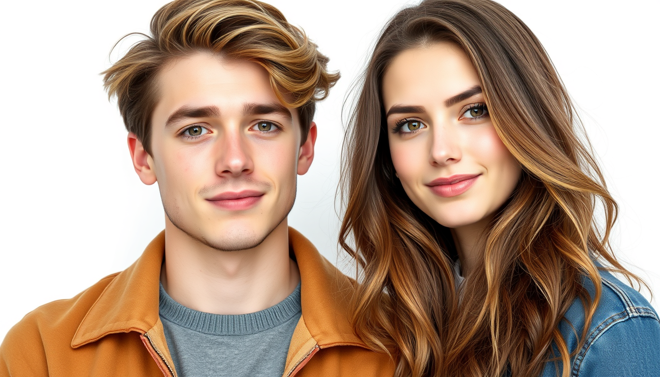 Handsome teenage couple from the Netherlands, a man and a beautiful woman, with great hair, against a pure white background.