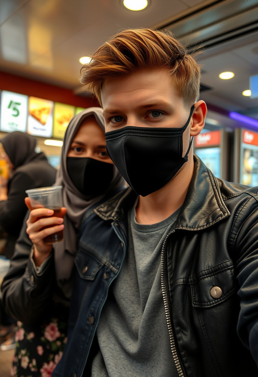 Jamie Dornan's head and body shot, handsome, young, face mask black, blue jeans jacket, jeans, dating love with a grey hijab Muslim girl, beautiful eyes, face mask black, black leather jacket, biggest floral skirt, at a fast food restaurant, plate of slice of cheese pizza, plate of Korean fried chicken and fries, glass of soft drink, photorealistic, hyper realistic, street photography, selfie.