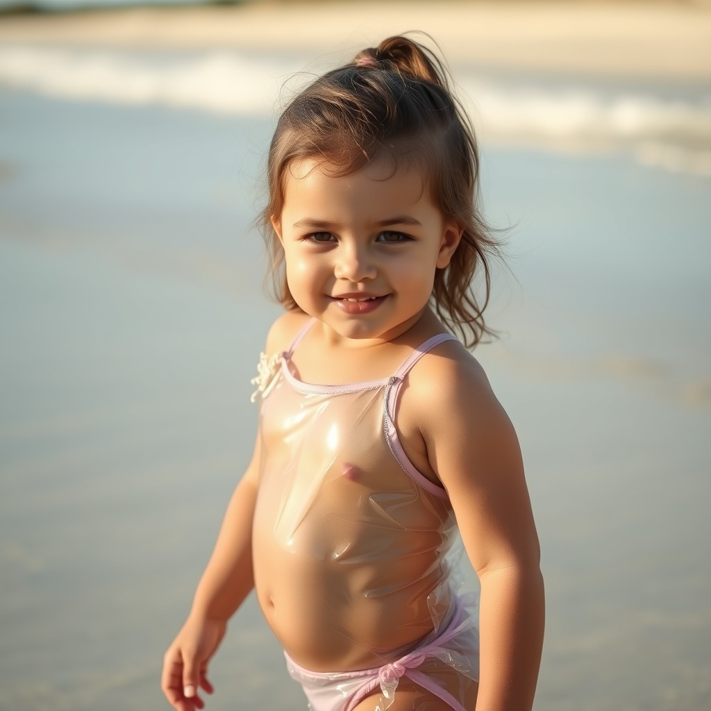 cute little girl on the beach in clear plastic swimsuit - Image